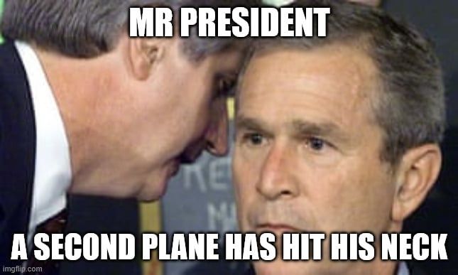Guy whispering in George w bushes ear "Mr president, a second plane has hit his neck"