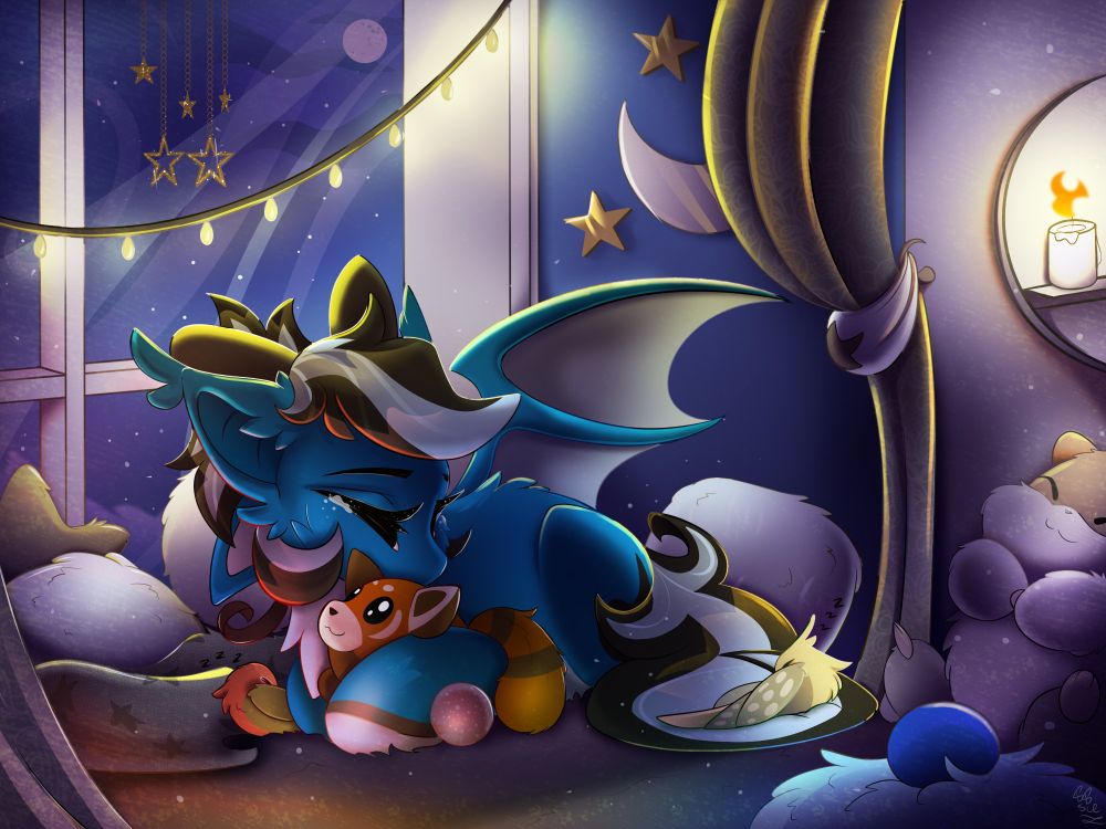 A small blue pony with bat wings, tucked up in a comfortable window-seat with blankets and pillows. She has two small parrots sleeping on either side of her and is holding a red-panda plush. It is night out and the room is dimly lit by a candle and fairy lights. There are a plethora of stuffed animals/plushies.