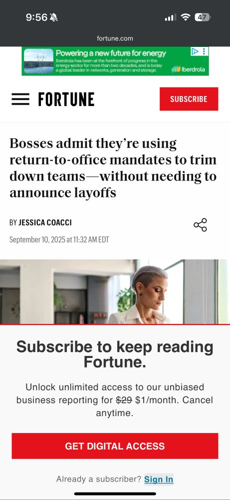 Screenshot of Fortune article on smartphone. Headline says "Bosses admit they’re using return-to-office mandates to trim down teams—without needing to announce layoffs." Dated 9/10/25