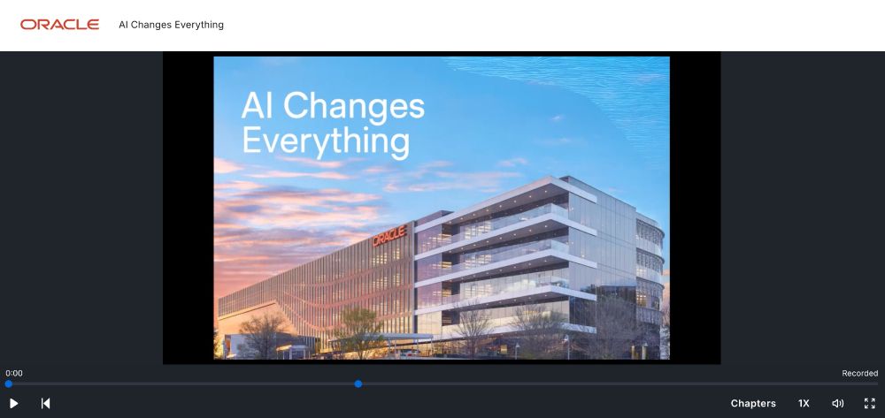 screenshot of Q4 webcast from Oracle. at the center is an image showing a building with a red Oracle sign near the top. In white text in the clouds there are the words "AI Changes Everything"
