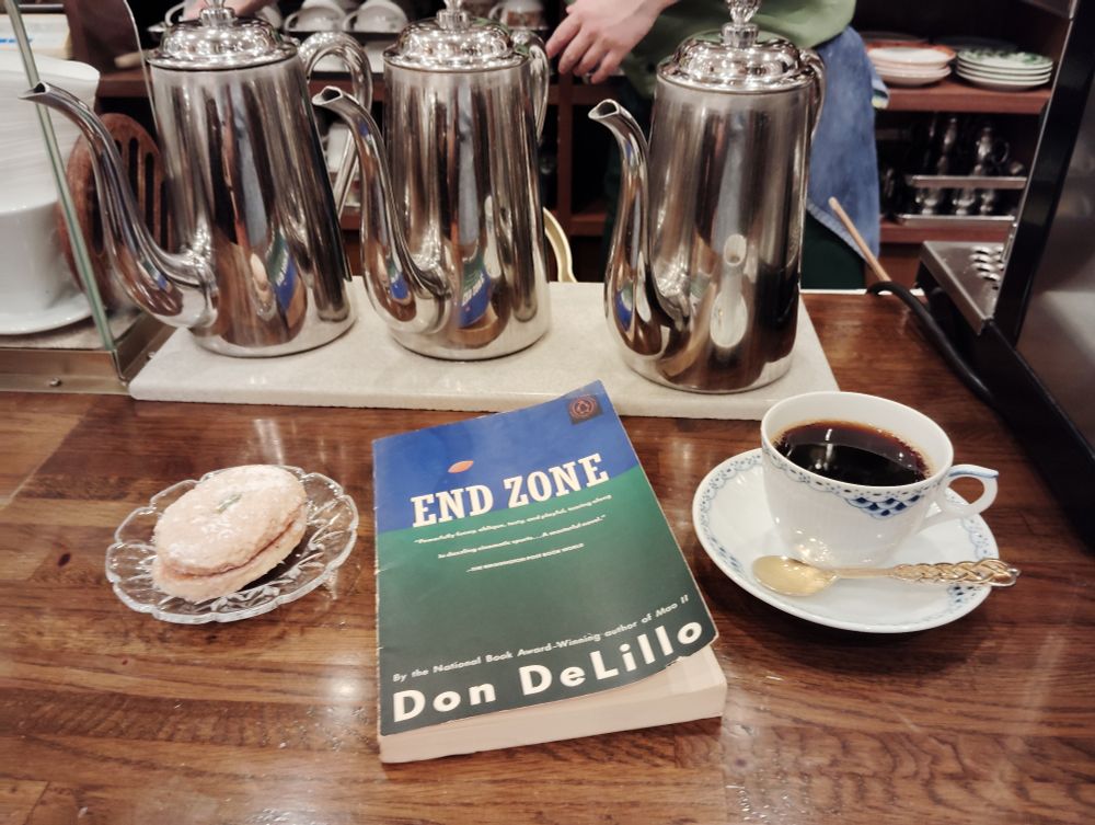 Photo is of a brown counter. The paperback book is dark night sky blue on top & green football field grass on bottom. An illustrated football flies in the night sky above the title. To the left is a sugar- frosted cylindrical macaroon on a small glass plate. To the right is a white porcelain cup of black coffee on a white saucer with a tiny gold spoon in front. Behind are 3 tall long-spouted silver pots. A barista's hand can be seen in between the 2 on the right 