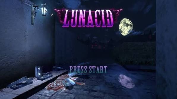 The title screen of the game "Lunacid".
There are some busted VHS tapes and fish guts under a decorative street lamp on the left. The title screen is on top in a light to dark purple gradient. The moon is off to the right above a gothic cityscape on the horizon.
