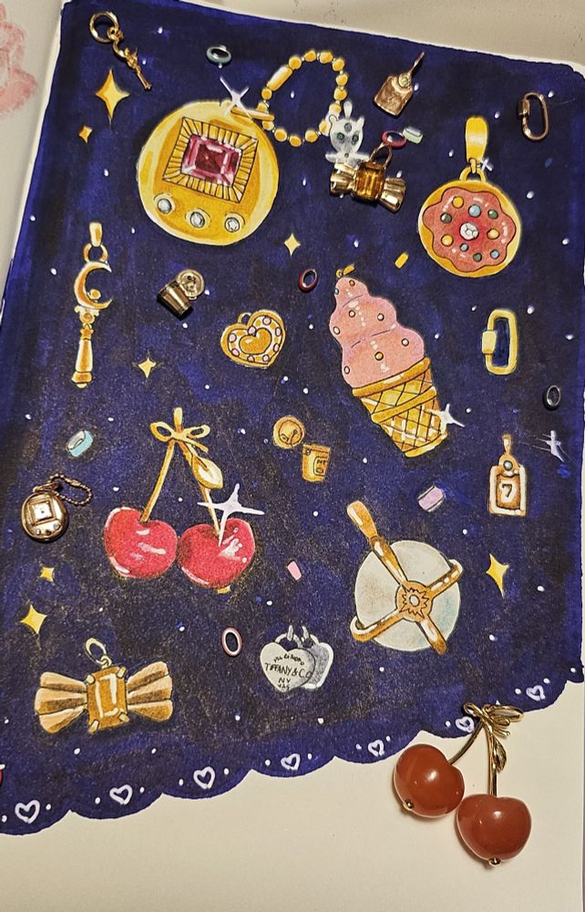 An illustration of gold jewelry on a dark blue background