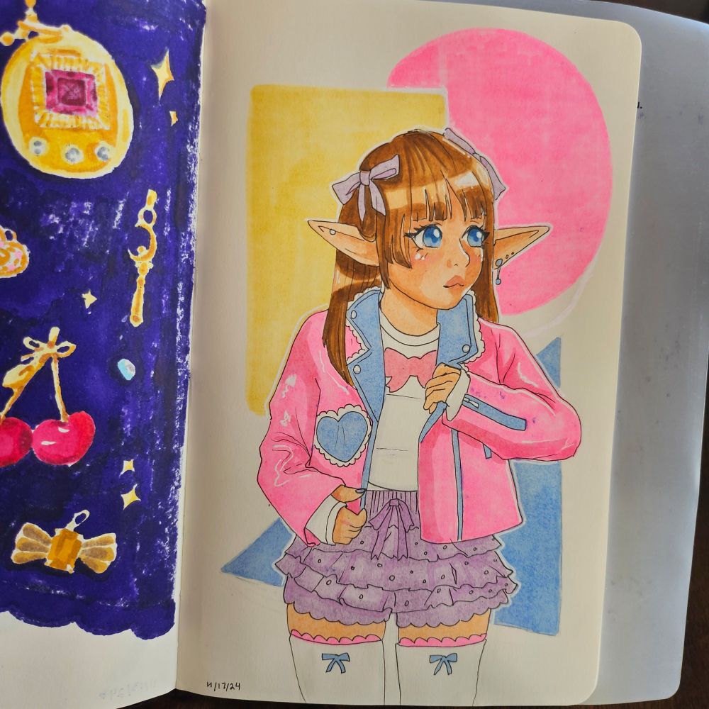 Sketchbook page of a girl wearing a pink jacket