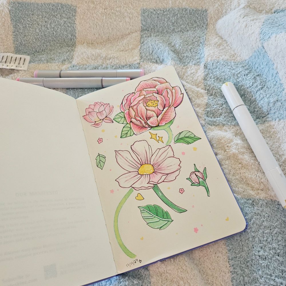 A sketchbook page filled with pink flowers