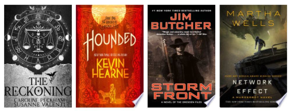 Four book covers. The Reckoning by Caroline Peckham and Susan Valenti; Hounded by Kevin Hearne; Storm Front by Jim Butcher:/; Network Effect by Martha Wells.
