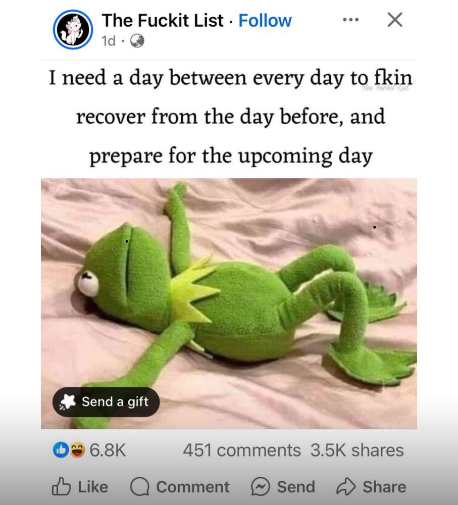 Kemit the frog laying down on a bed with the caption “I need a day between every day to fucking recover from the day before, and prepare for the upcoming day”