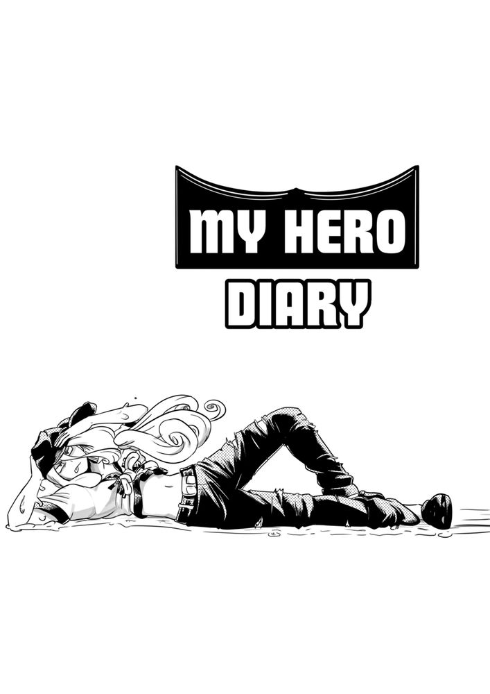 My Hero Diary cover art, it shows Yuko sliding to the left, while laying on her side and wearing the costume she improvised to hide from her dad, including the stolen pants from Kaminari
