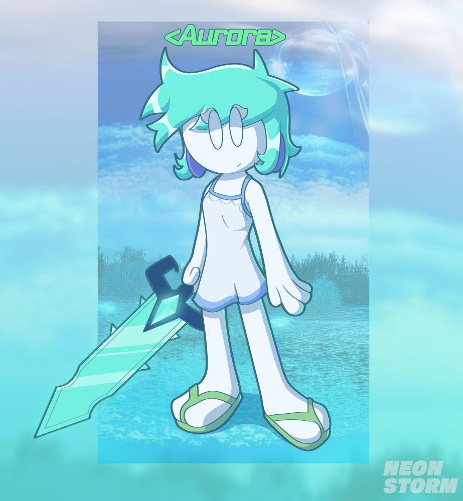 A girl with turquoise hair and completely white skin, wearing a slightly short white dress with blue details, she wears blue earrings and a pair of green sandals, and a giant turquoise sword with a dark blue handle. 

(Spanish) Una chica de cabello turquesa y piel completamente blanca, viste un vestido blanco ligeramente corto con detalles azules, lleva unos aretes azules y un par de sandalias verdes, y una gigantesca espada turquesa con un mango azúl oscuro 