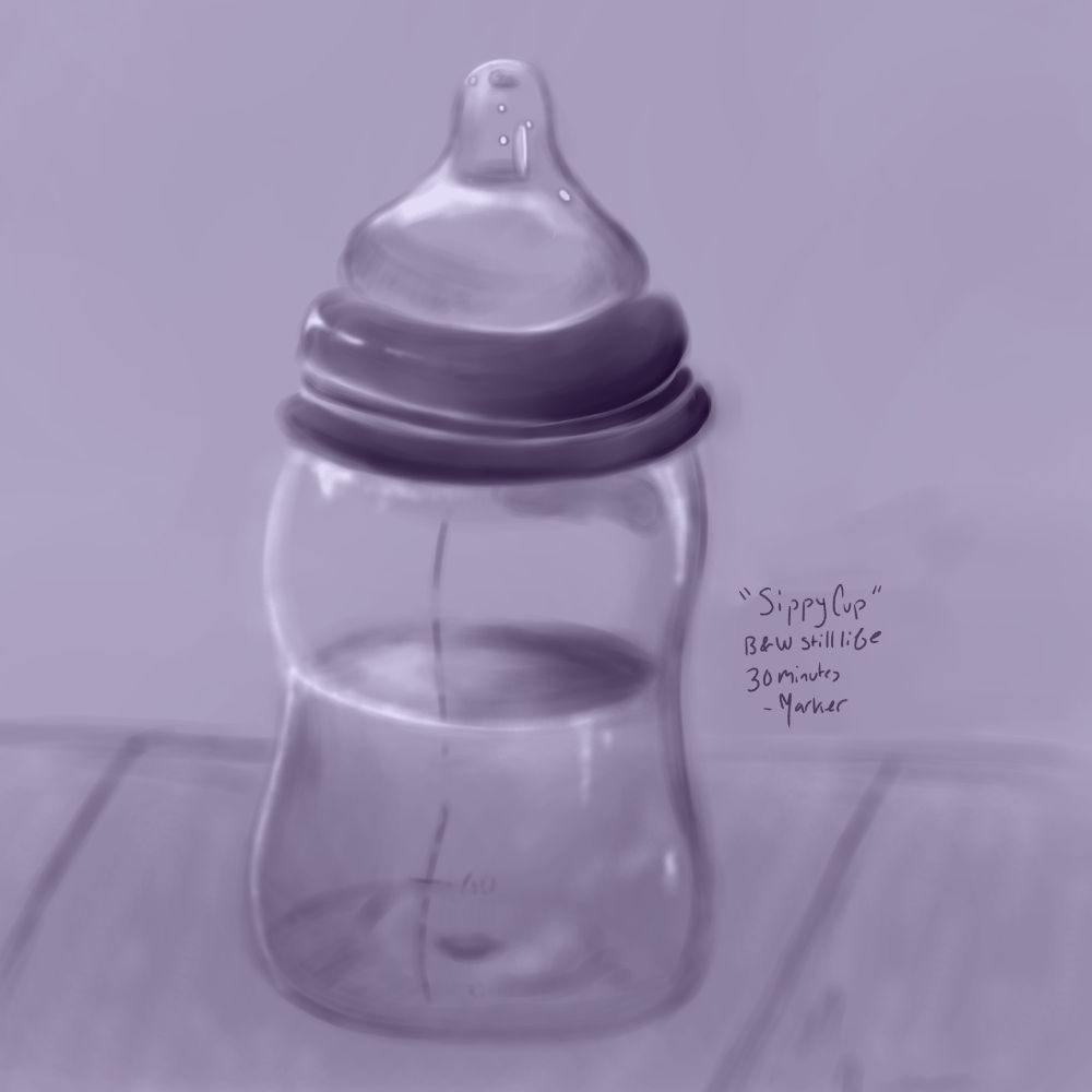 Digital art: a monochrome purple still life rendering of a half full child's sippy cup