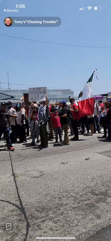 Protesters in the street. A sign says stop ethnic cleansing of LA and Palestine. Someone is carrying a Mexican flag. 