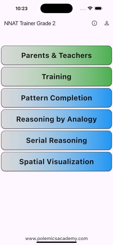 Updated for 2025! Train for gifted and talented testing.  This app is designed to increase reasoning and problem solving skills for second grade students.  Specifically the exercises within are for mastering the NNAT2 Naglieri Nonverbal Ability Test for Grade School.  

Within you'll find all 4 areas of study:
*Pattern Completion
*Reasoning By Analogy
*Serial Reasoning
*Spatial Visualization
