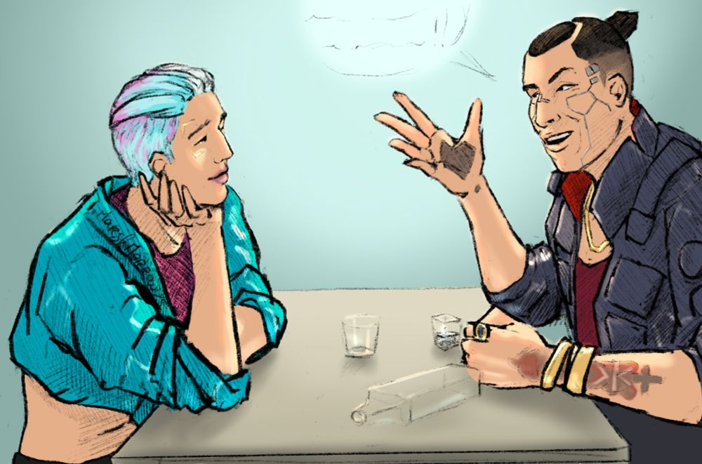 Two men sitting at a table, sharing drinks. The guy on the left, V, has pink and blue hair and wears a crop top. He stares dreamily at the other, Jackie Welles, who is explaining some plan or reliving some anecdote. Jackie's got a leather jacket on and a lot of Cyberware implants visible. He also has bracelets and a tattoo on one arm.