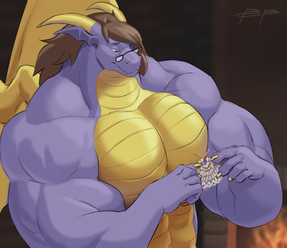 A very buff and big dragon is at home, close to the fireplace, with his big hands manually knitting with small utensils a pattern 