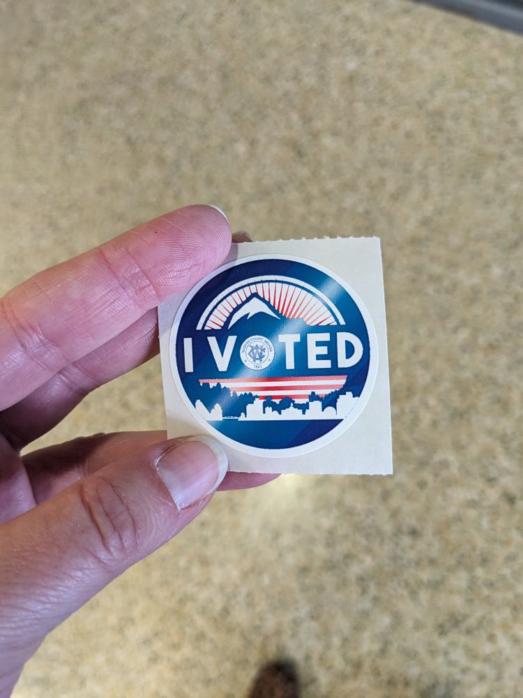 My "I voted" sticker, which I am holding in my hand. You can see pretty much my whole thumb in this image.