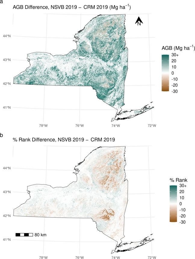 Two maps of forest carbon in New York State. Top map shows that most areas have more carbon under the new allometrics, bottom map shows the change in which places have "the most" carbon. Mountainous landscapes are the losers!
