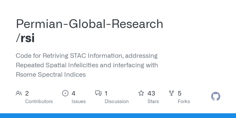 GitHub - Permian-Global-Research/rsi: Code for Retriving STAC Information, addressing Repeated Spatial Infelicities and interfacing with Rsome Spectral Indices