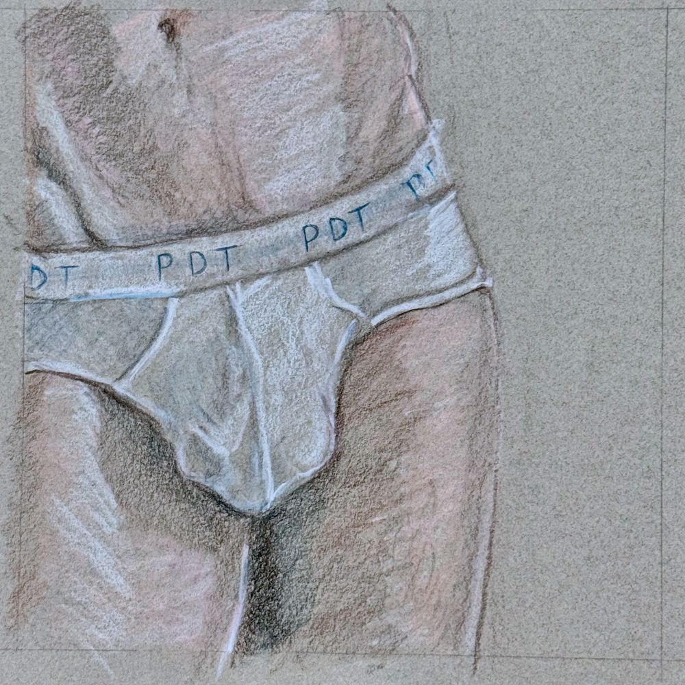 A close-up colored pencil drawing of a male torso wearing light briefs, rendered on toned paper. The artist highlights subtle shifts of skin tone, soft fabric folds, and the intimate tension between concealment and exposure.