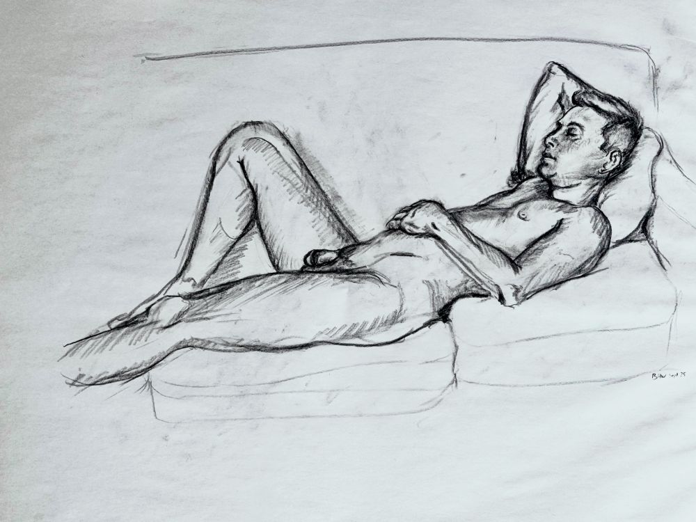 Charcoal drawing of a nude young man reclining on a couch, one arm behind his head, the other resting across his torso, with soft shading emphasizing his relaxed figure and the intimacy of the moment.