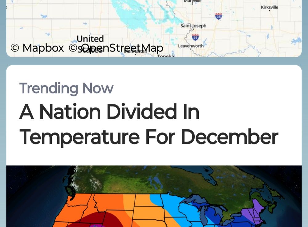 screenshot from weather channel app with little video titled A Nation Divided In Temperature For December. too soon weather channel like excuse me ?