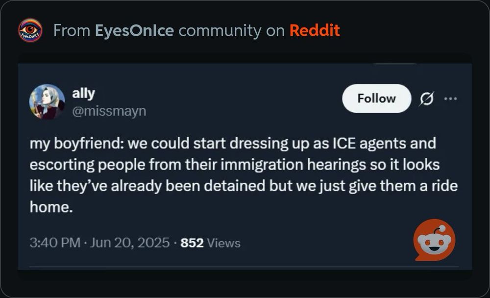 A Tweet:

My boyfriend: we could start dressing up as ICE agents and escorting people from their immigration hearings so it looks like they've already been detained but we just give them a ride home 
