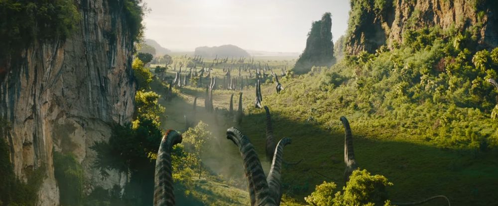 Dozens, maybe hundreds, of titanosaur sauropods in a herd from the new Jurassic World trailer. (They're so hungry!)