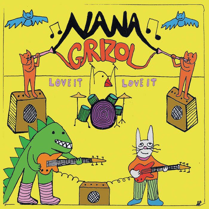 Nana Grizol Love it Love it album, depicting a dinosaur and rabbit on guitars, two cats on trumpets or recorders, and a bird on drums drawn scribbily