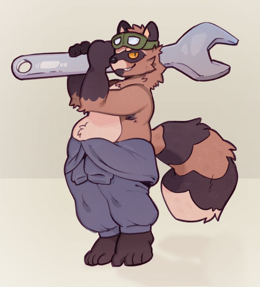 An anthro raccoon man hoists a giant wrench over his shoulder and flashes a grin to the camera