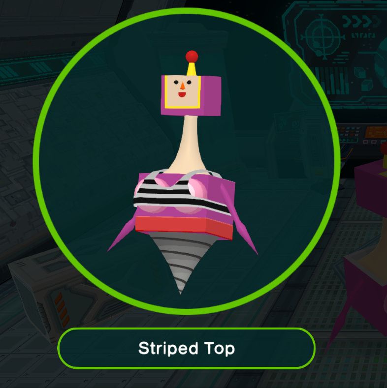 Katamari cousin Drooby, who has a square body with a drill bottom. Her head is attached to a long neck. Most notably she has huge honkers. She's wearing a striped bikini in this, which is typically a pirate-y kind of outfit