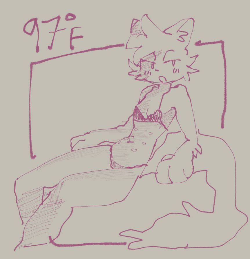 an anthro cat reclining in a bikini in 97f heat