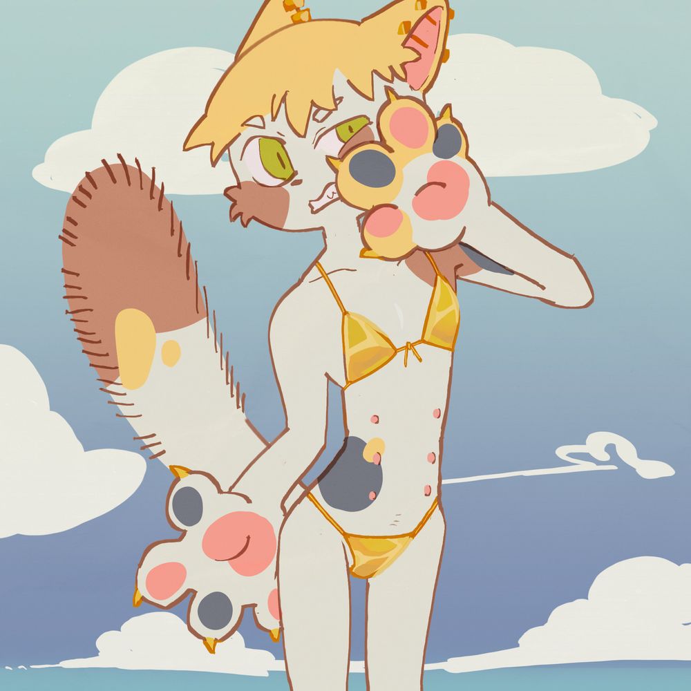 an androgynous anthro cat (it/its) wears a golden bikini and looks disgusted