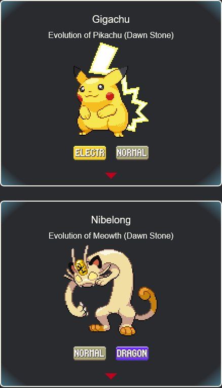 G-Max Pikachu and Meowth but as canonized evolutions, Gigachu and Nibelong