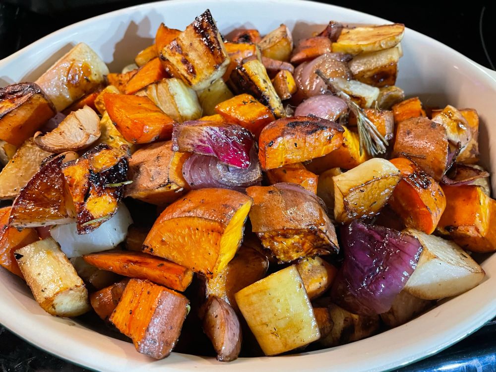 Dish of roasted vegetables. 