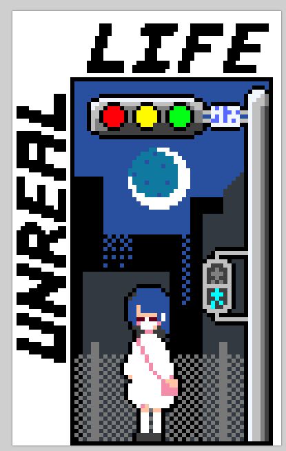 An anime girl with blue hair and a white dress stands under a traffic signal with a crescent moon in the sky. In the background, there are many buildings and a chain-link fence The words "UNREAL" and "LIFE" are stylishly presented around the piece. Pixel art of the main characters of video game "Unreal Life". 
