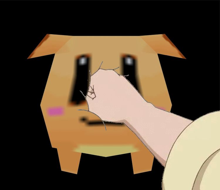 a silly low poly render of animal pommy from bomberman 2 for the nintendo 64 being punched in the face from an off screen anime girl