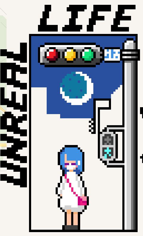 An anime girl with blue hair and a white dress stands under a traffic signal with a crescent moon in the sky. The words "UNREAL" and "LIFE" are stylishly presented around the piece. Pixel art of the main characters of video game "Unreal Life". 