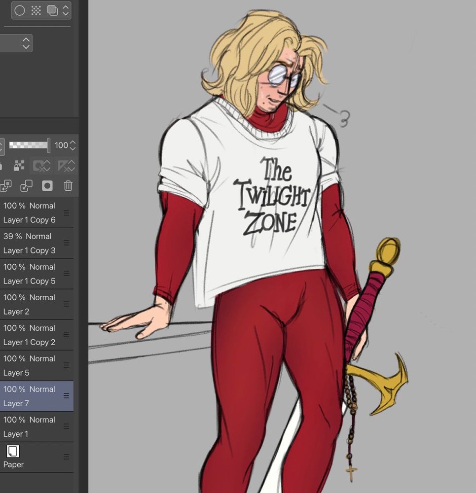 A colored sketch of Jean-Paul Valley on a grey background. He is wearing the red base jumpsuit of the Azrael costume with a loose white Twilight Zone tee shirt over it. He is loosely holding the hilt of his sword in his left hand down near his legs and puffing out a tired breath, resting after a strenuous workout.