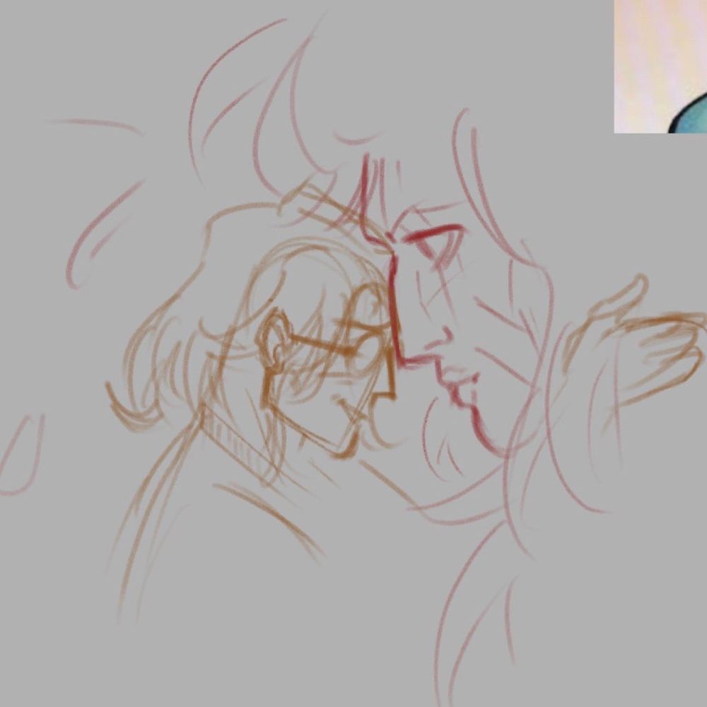 A sketch of Jean-Paul Valley and Azrael’s seraph form against a grey background. Jean-Paul is resting his forehead against Azrael’s large nose and smiling, holding the side of Azrael’s feathered head.