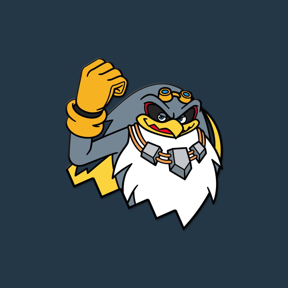 Half emblem pin design featuring Storm the Albatross, his fist is raised up in the air in triumph
