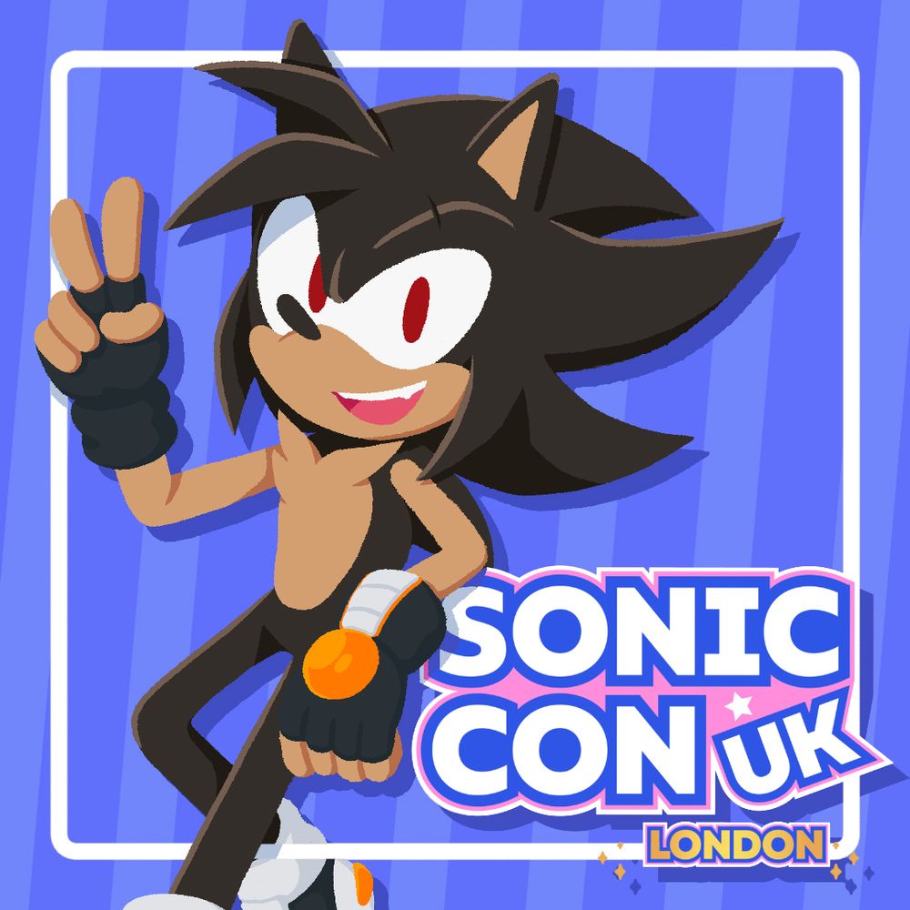 My Sonic OC, Kaoz, leans against the Sonic Con UK logo, he's holding up the peace sign.