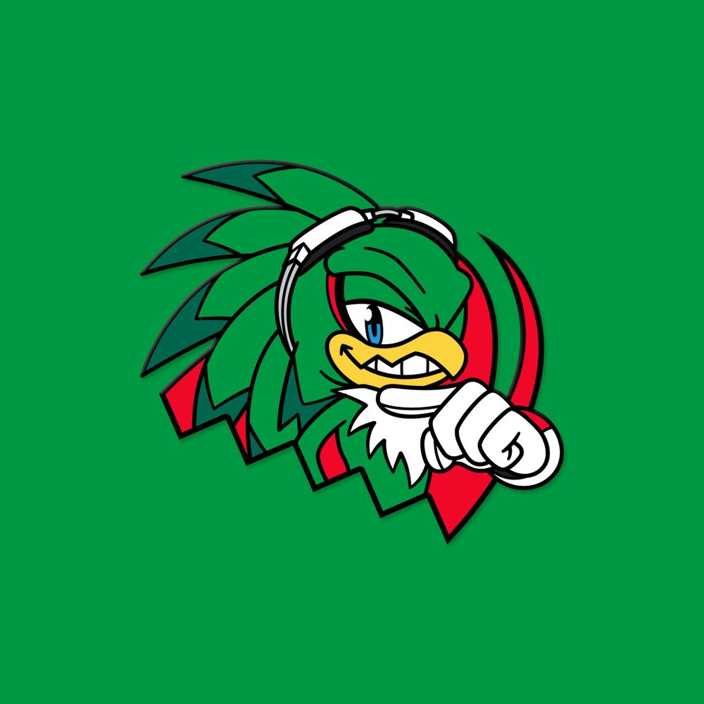 Half emblem pin design featuring Jet the Hawk, he has a cocky grin and is holding his finger up to his "chin"