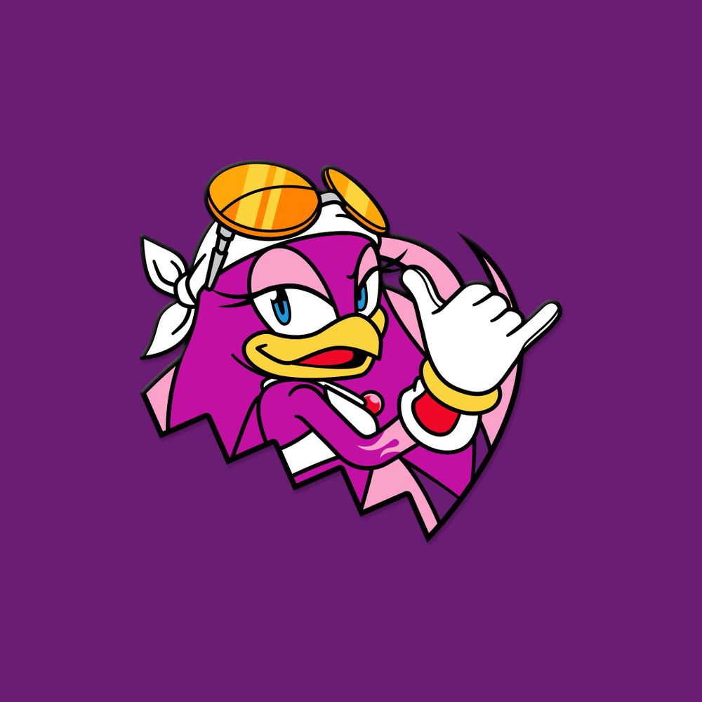 Half emblem pin design featuring Wave the Swallow, she is looking over her shoulder and holding up the "hang loose" hand gesture