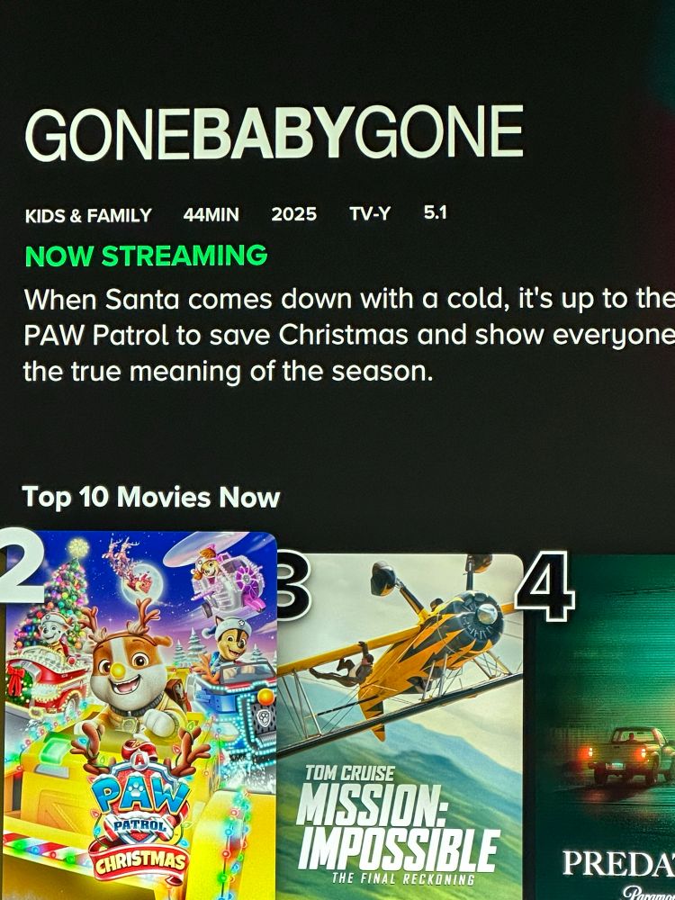 The movie title says GONE BABY GONE. 

The description says: When Santa comes down with a cold, it's up to the PAW Patrol to save Christmas and show everyone the true meaning of the season.