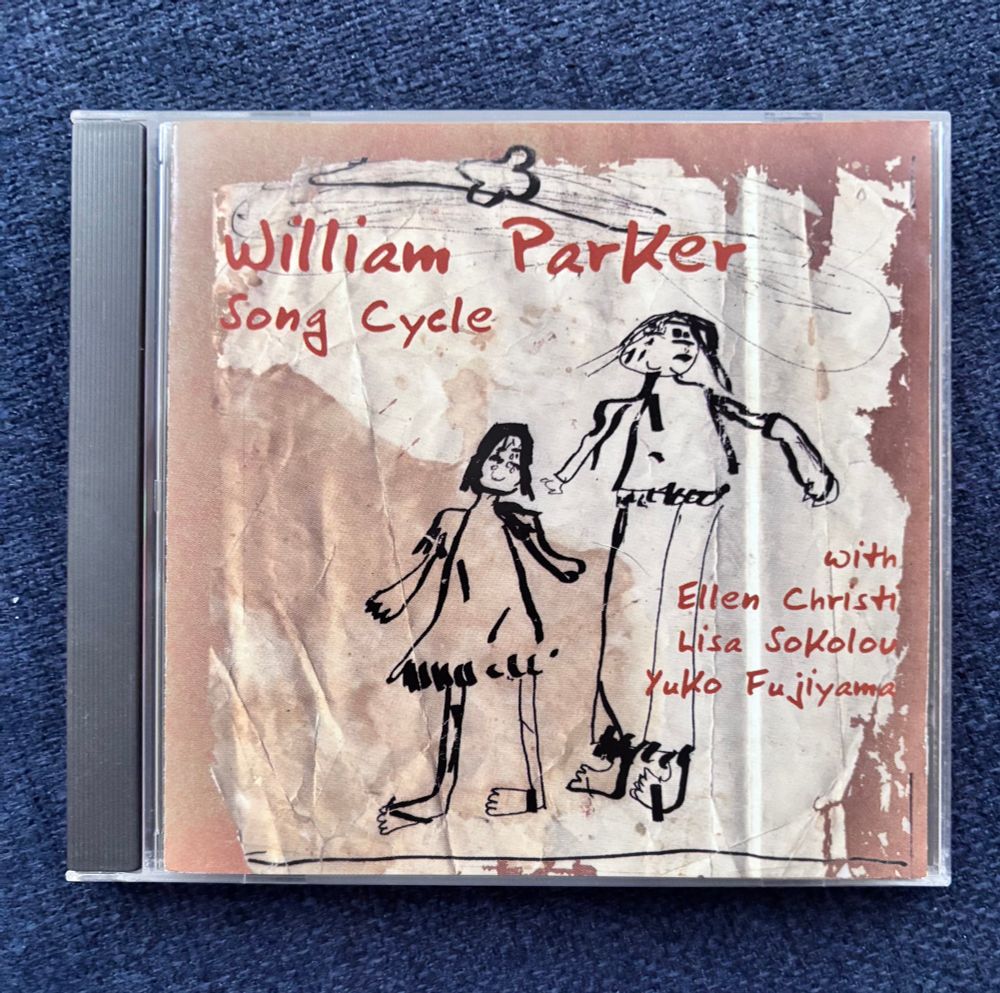 CD cover. Song Cycle. By William Parker, bass; with Ellen Christi, Lisa Sokolov, Yuko Fujiyama. Child like black paint line drawing of an adult and a child on a brown and white surface that looks like a paper bag. 