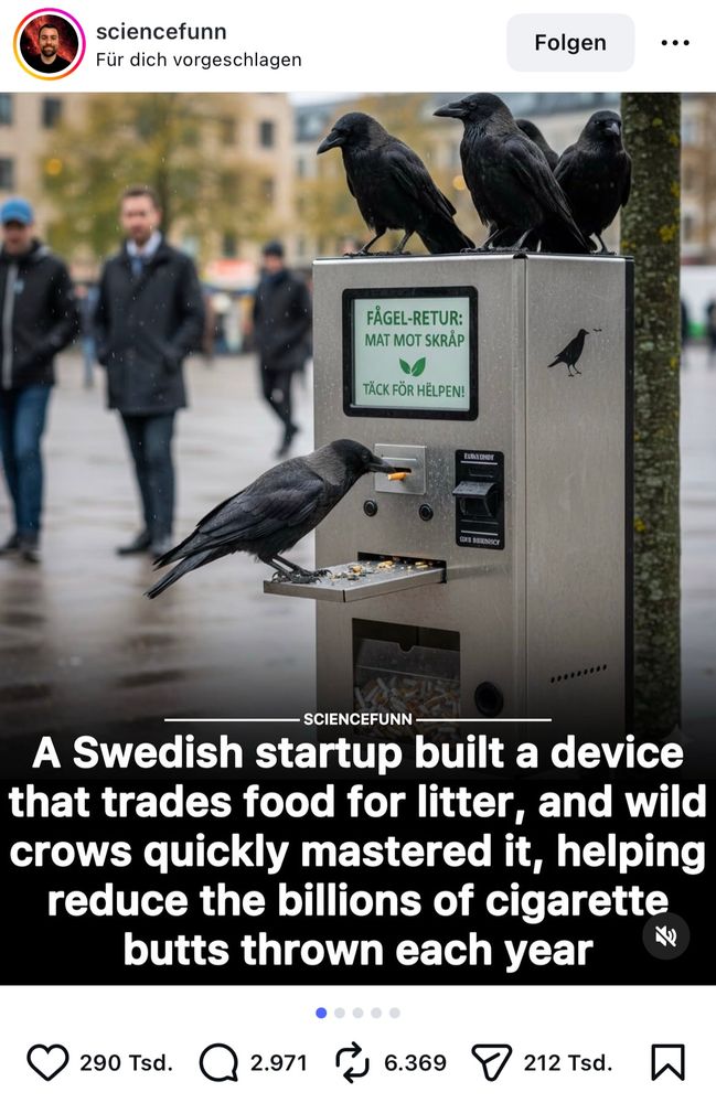 Eine Krähe bedient einen Automaten um an Futter zu kommen: 
A Swedish startup built a device that trades food for litter, and wild crows quickly mastered it, helping reduce the billions of cigarette butts thrown each year