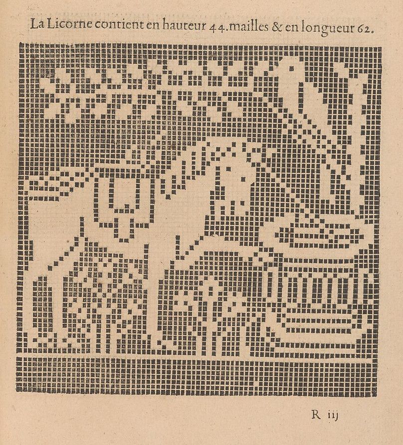Black-and white pixel art printed on a yellowed page; a medieval unicorn approaches some kind of font or well. A large bird sits on a branch arching over the scene