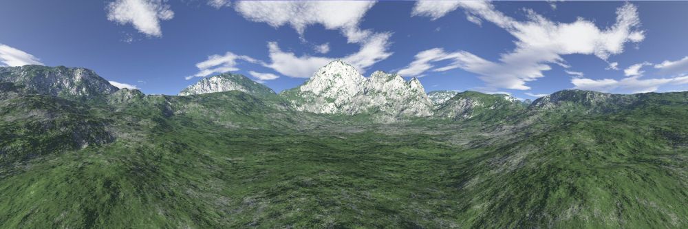 Panorama of some mossy limestone mountains that look like they were rendered in Bryce or MojoWorld or something of that nature.
