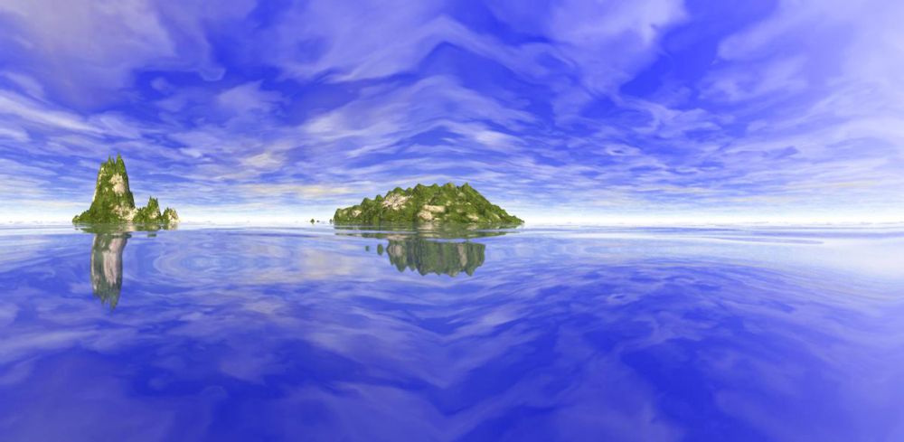 Panorama of a glassy-smooth ocean, which reflects one tall and one wide island which look a lot like those mountains