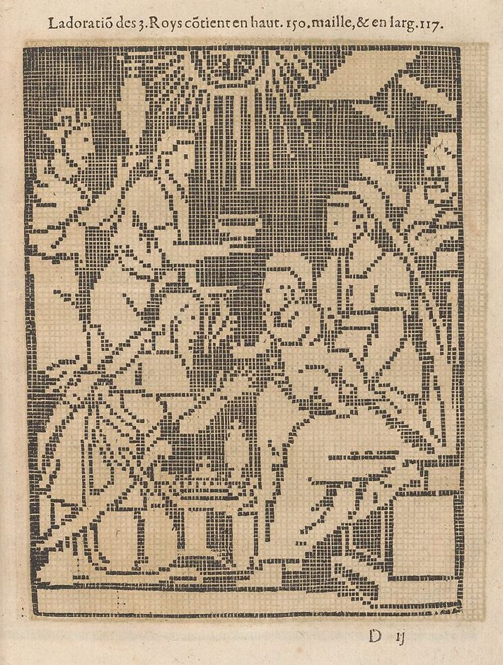 Pixelated scene of the Nativity; the three wise men arrive to greet the Madonna and baby Jesus. Joseph is peeking in from the left looking like the guy from Tapper