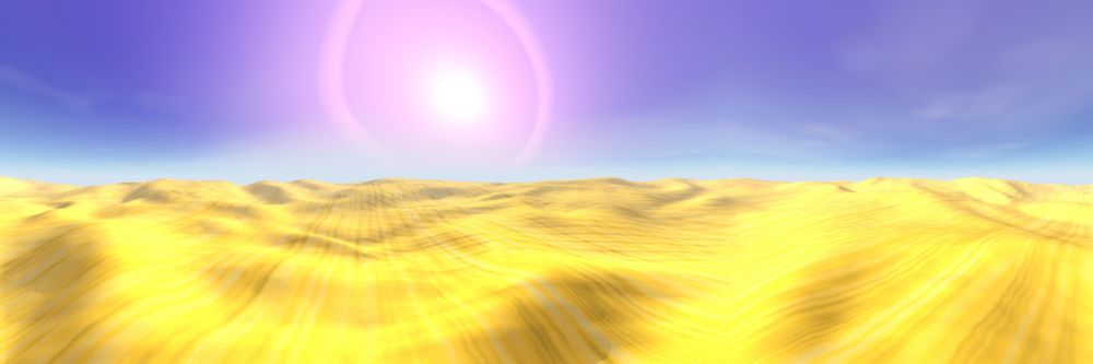 Panoramic rendering of a yellow desert with sand that looks like a rumpled sheet of fabric. A bright, hot-looking sun beats down on the totally lifeless landscape
